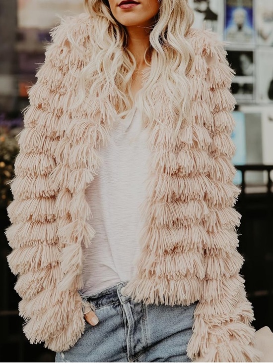 Jackets & Blazers - Womens Faux Fur Shaggy Open Front Coat Jacket Size L Beige Pink Lightweight